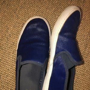 Fun blue cow fur slip on shoes by C. Wonder!